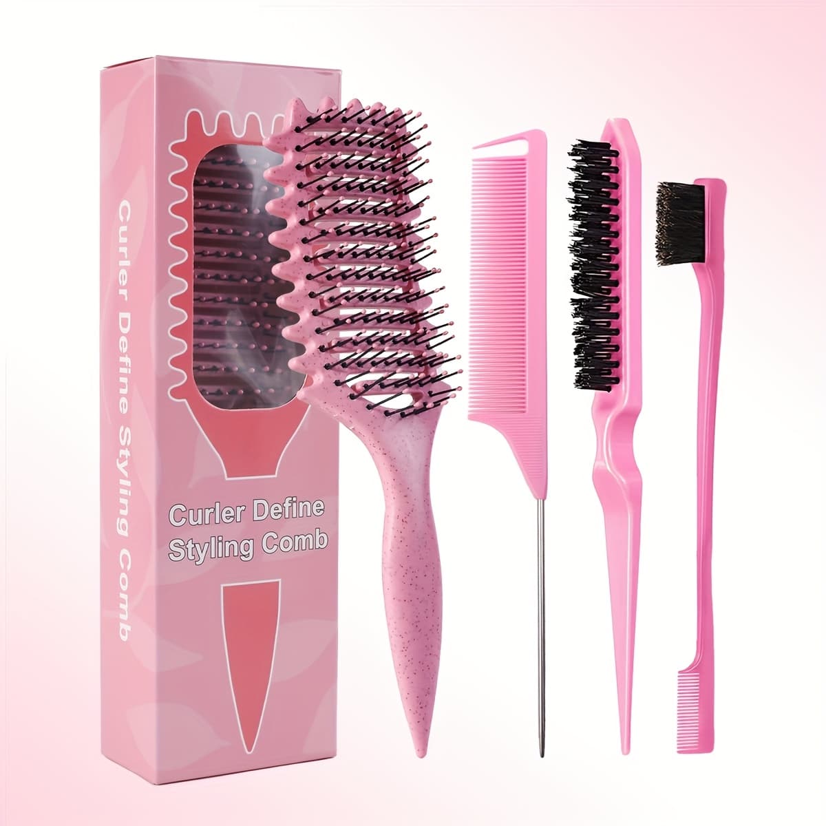 TEMU Defining Brush, Curly Hair Brush, Slick Back Hair Brush, 4pcs Comb Sets. Defining Brush, Brush, Bristle Brushand Pin Tail Comb, For Combing And Shaping Curls In All Hairstyles To Reduce Pulling