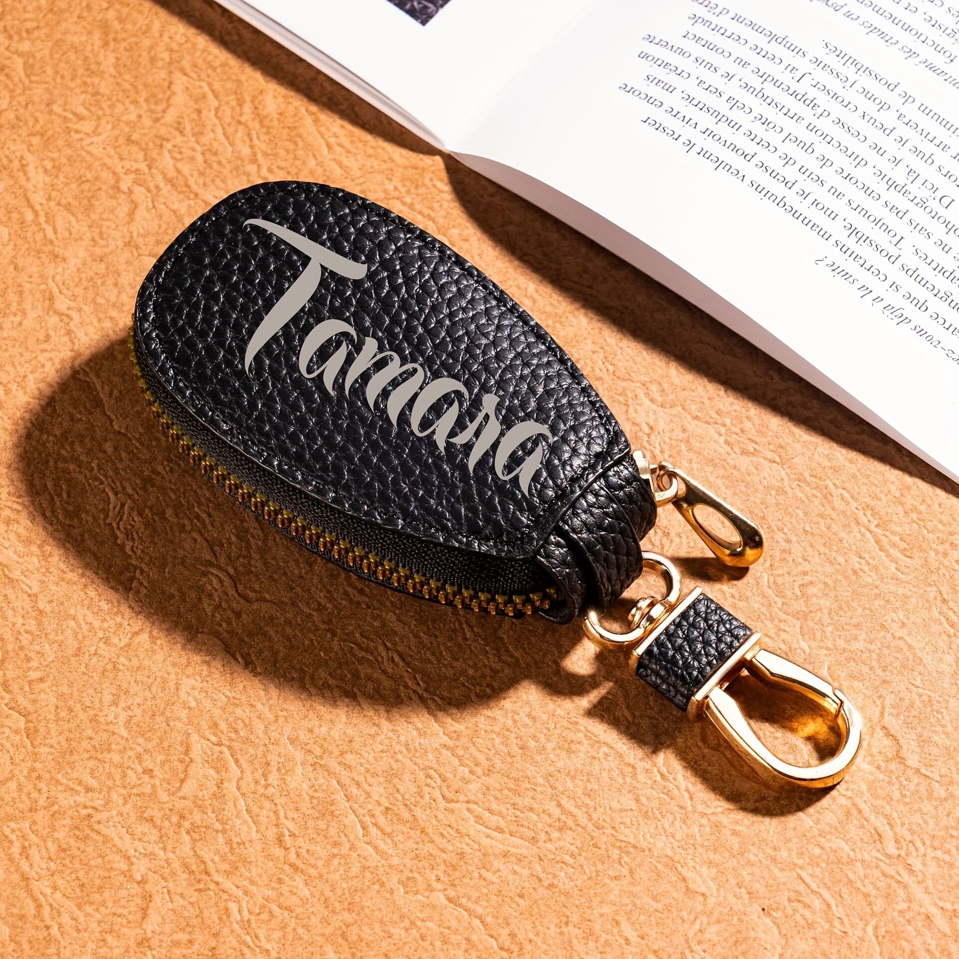 TEMU Customizable Key Organizer Pouch With Golden Zipper - Compact Multi-compartment Design For Car, Keys, Durable, / Light Brown/ Black - Elegant Gift For Valentine's Day, Christmas, , Birthdays