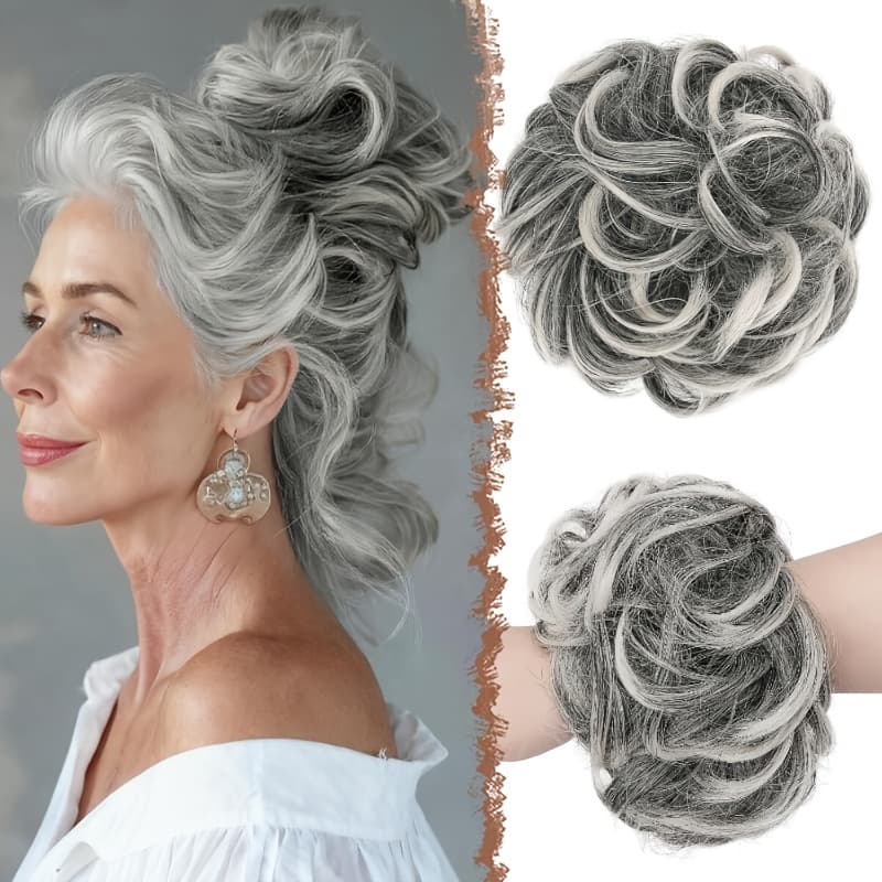 TEMU Large Wavy Curly Hair Bun Scrunchies And Ponytail Extensions Made Of Synthetic Material, In Black, Gray, And White For Women
