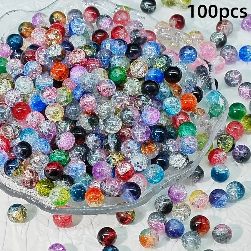 TEMU 100pcs Set Of Shiny Crackle Glass Beads, 8mm Round Beads For Making - Bracelets, Necklaces, Earrings - Multicolor, Assortment, Handcrafted Accessories And Jewelry Components