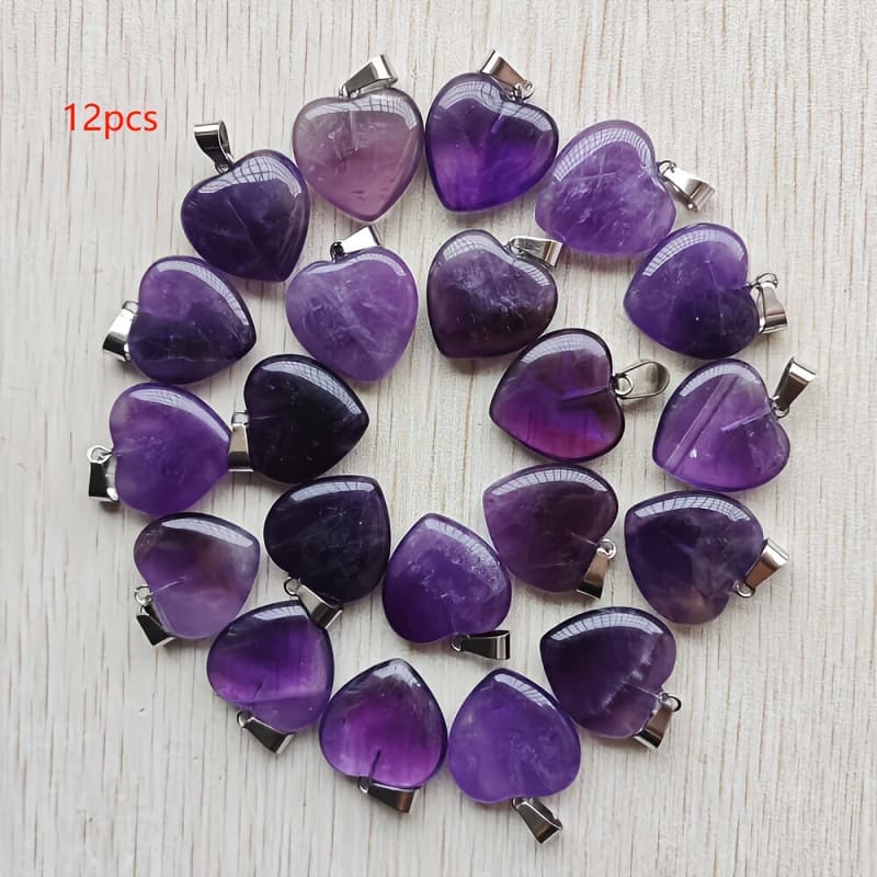 TEMU 20x6mm Natural Amethyst Heart-shaped Stone Pendant Charm Jewelry Accessory For Valentine's Day, Christmas Gift, 12pcs/pack, 24pcs/pack