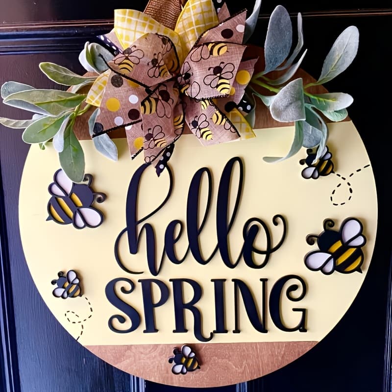 TEMU 3d Spring Door Hanging - Rustic Round Door Sign With " Spring" Lettering, Bees & Cutouts - Farmhouse Porch Decor, Beekeeper Gift, Outdoor/ Hanging Decoration (no /)