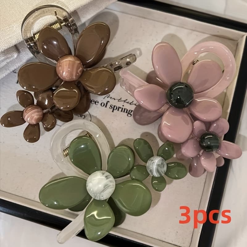 TEMU 3pcs Elegant Floral Hair Claw Clips Set For Women, Cute Hair Clips For Spring Summer, Non-slip Hair Additions For Daily Wear, Perfect For Birthday Holiday Party Gifts
