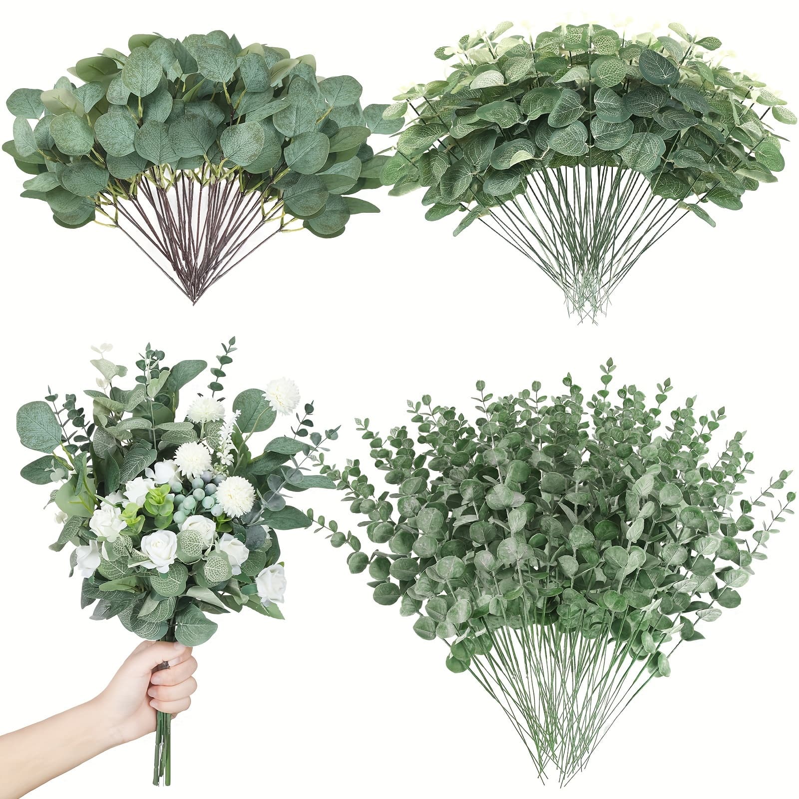 TEMU 180pcs 3 Kinds Mixed Eucalyptus Leaves Stems Bulk Artificial Silvery Leaves Picks Dried Eucalyptus Bundle Faux Spray For Wedding Vase Arrangement (green)