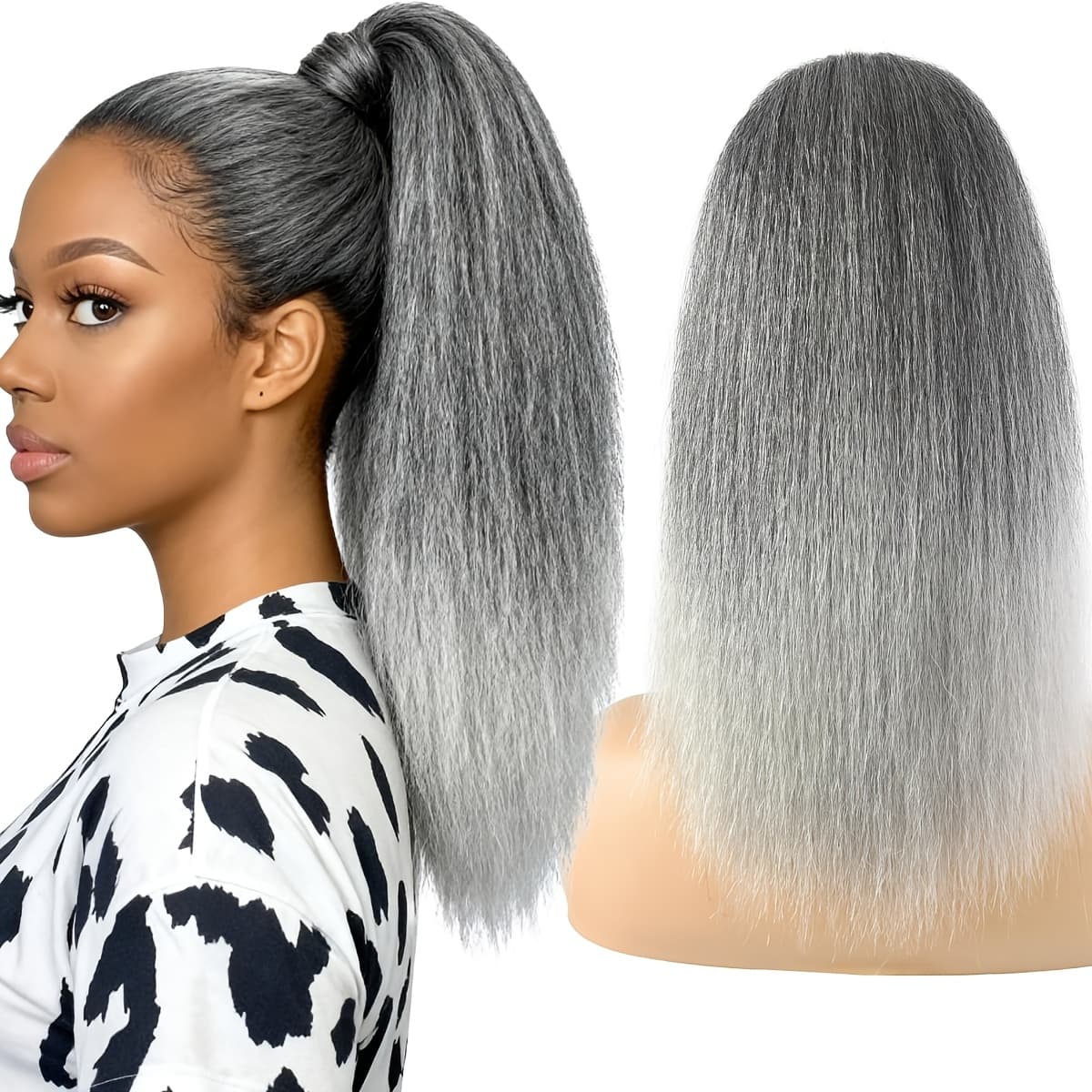 TEMU Long Straight Ponytail Extension For Women 28 Inch Gray Drawstring Ponytail Synthetic Clip In Ponytail Salt And Pepper Kinky Straight Hair Pony Tail Kinky Ponytail