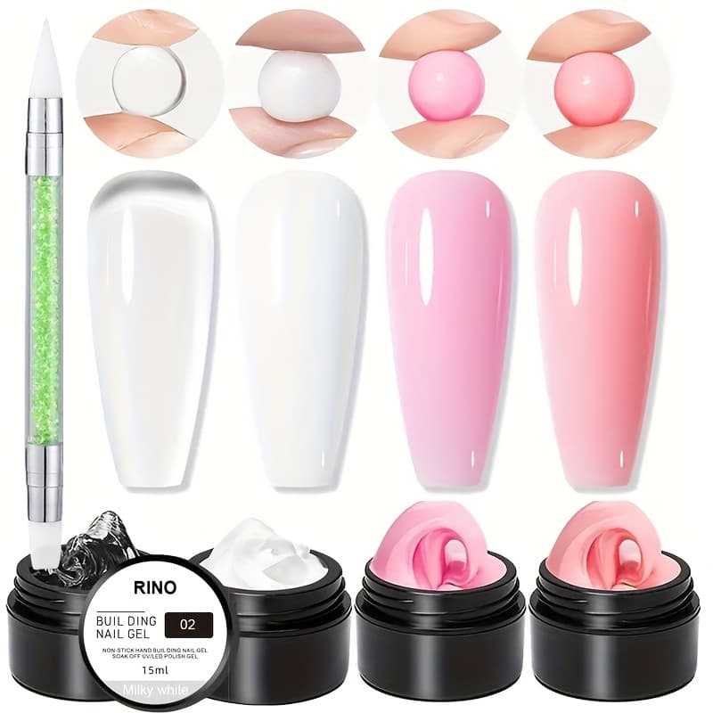 TEMU Rino 5pcs/set Solid Gel Builder For Nails Starter Kit Clear Nude Nail Extension 3d Gel Nail Art Nail Glue For Acrylic Nails Gel Sculpture Molding Gel Hard Gel With Flower Molds Sculpting Brush