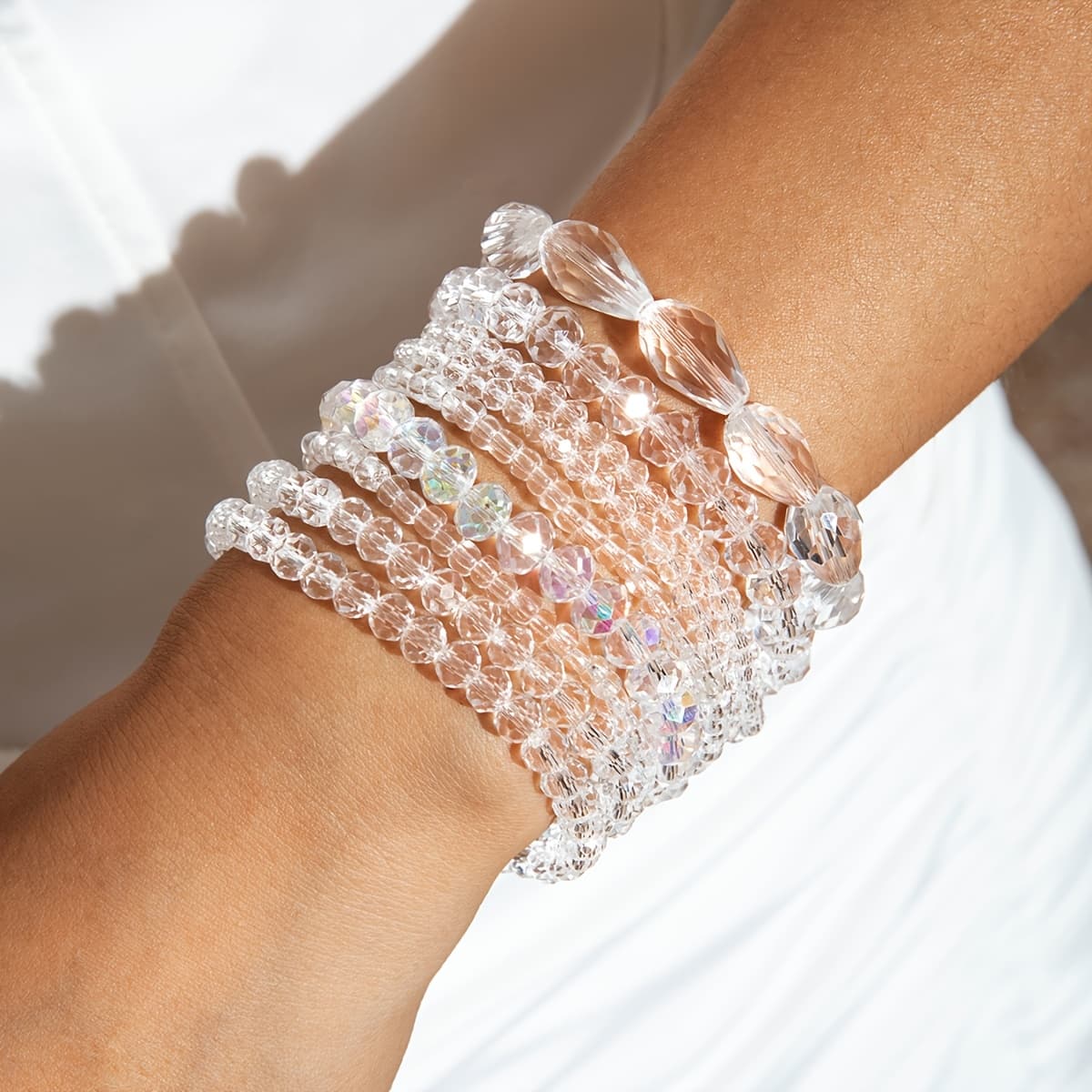 TEMU 5/9pcs Fashionable, Stylish, Minimalist, Transparent, Colorful Beaded Elastic Cord Women's Layered Bracelet Set For Beach, Vacation, And Party Wear
