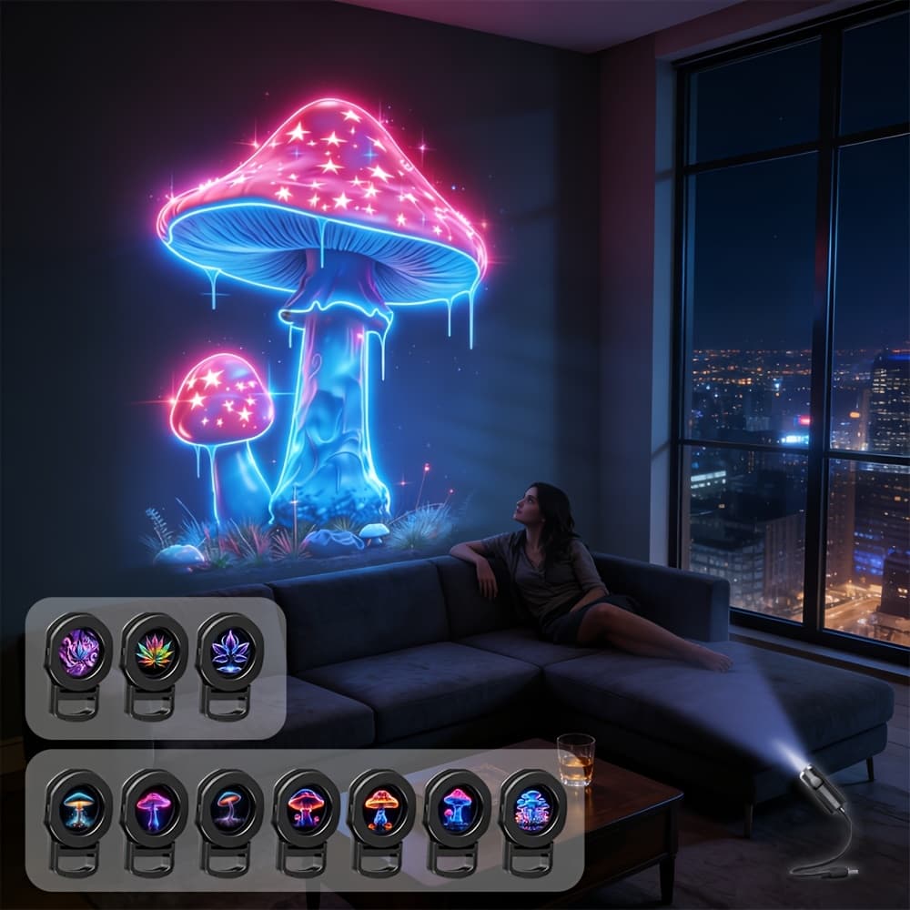 TEMU 10in 1 Usb Projection Atmosphere Light, Neon Mushroom & Leaf Led Night Lamp, Usb Gadget For Bedroom, Car Interior & Ceiling Decoration, Perfect Gift