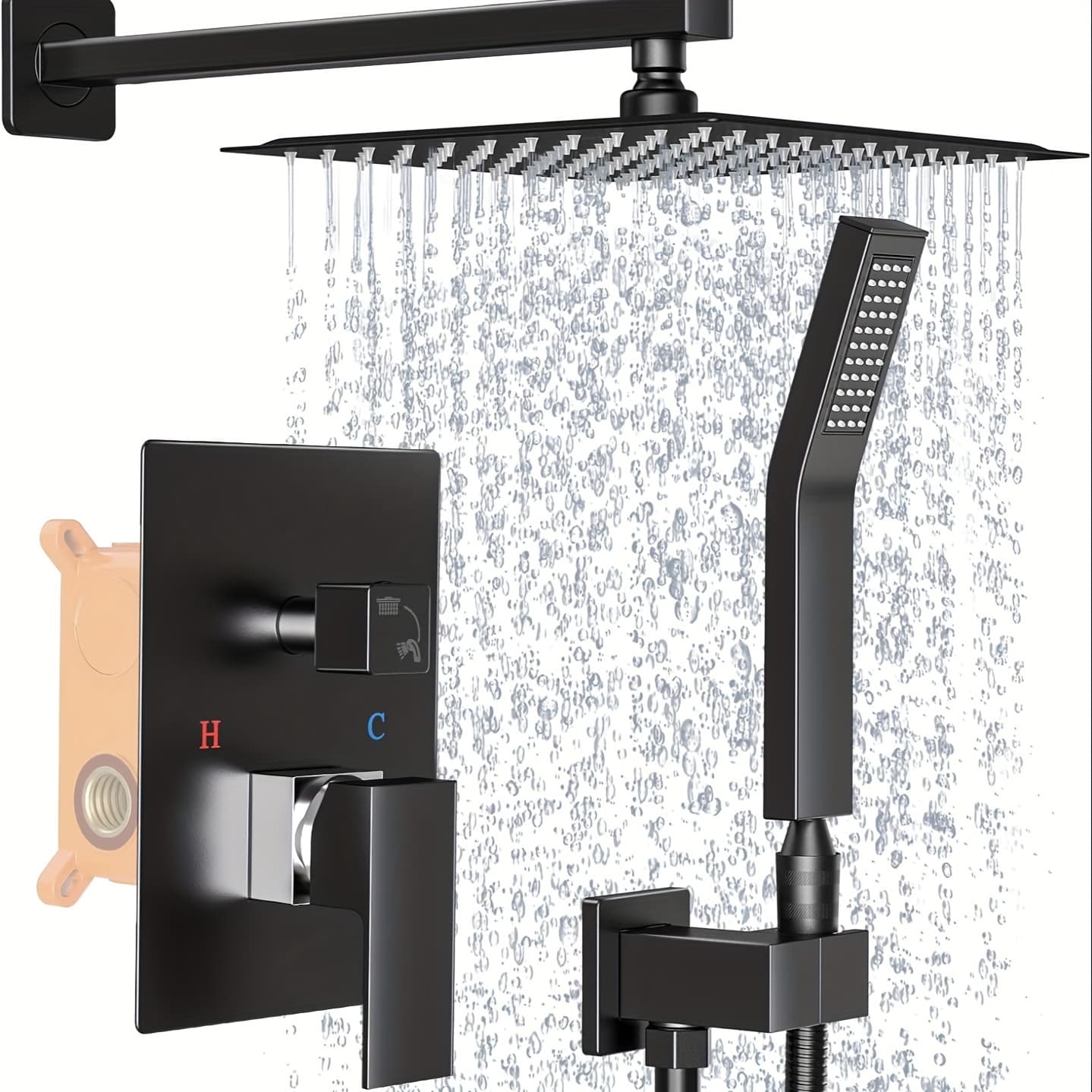 TEMU Rain Shower System, 10/12 Inch Square Shower Head, High Pressure Wall Mount Shower Set With Hand Sprayer Rough-in Valve Trim Kit, Bathroom Mixer Shower Combo Set (black),for Shower Use Only