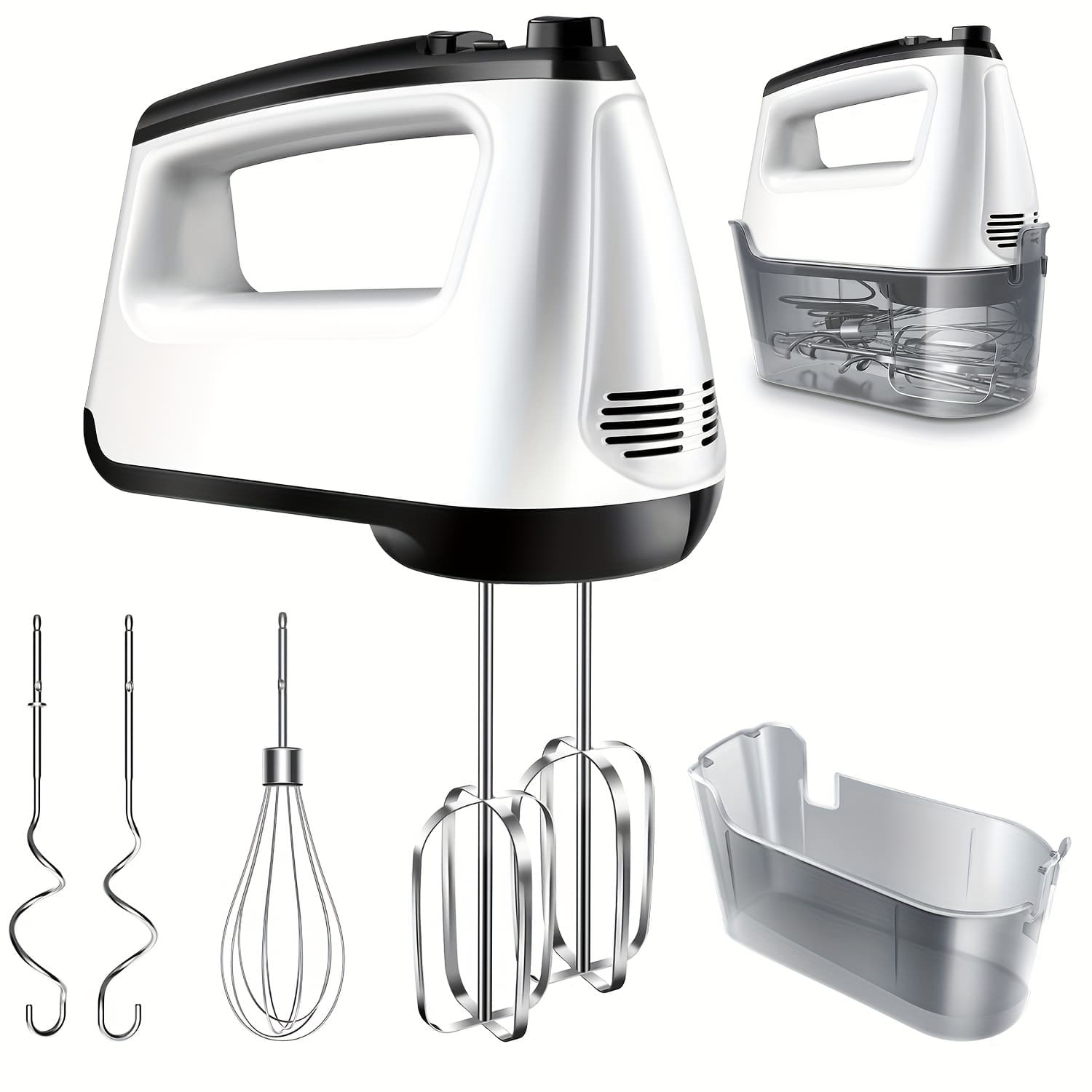 TEMU Hand Mixer Electric, 6 Speed & Turbo Handheld Mixer With 5 Stainless Steel Accessories, Electic Mixer For Whipping, Mixing , Brownie, Cakes, Dough Batters, Storage Case, White.