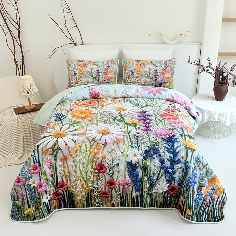 TEMU 2/3pcs Plant Quilted Quilt 2d Flat 1pc Quilted Quilt + 1/2 Pcs Pillowcase Hypoallergenicity Machine-washable Bed Cover Set Bedding And Room Decoration Twin/queen/king