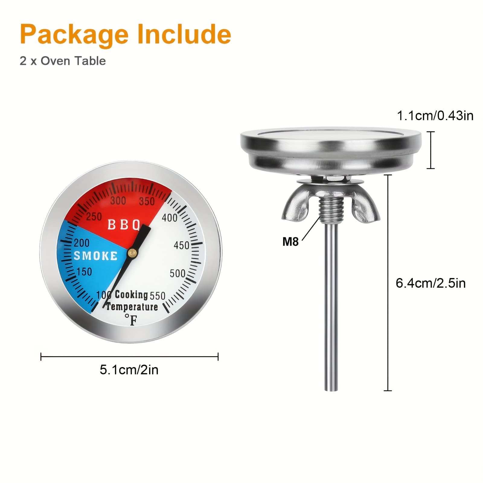 TEMU 2pcs Grill Thermometer, Bbq Thermometer Temperature Gauge, 2inch Stainless Steel Thermostat, For Kitchen Outdoor Cooking