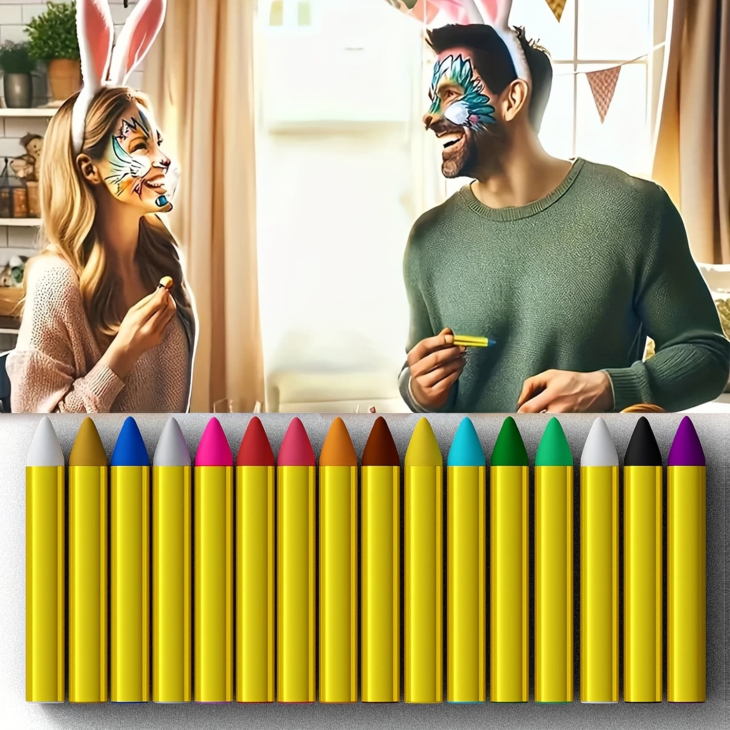 TEMU And Body Painting Crayon Set, 16pcs, Easy-to-spread Paste, Vibrant Black, Blue, Green, Pink, Yellow Tones, Halloween, Birthday Parties, Role Playing, Carnival, Mardi Gras/mardi Gras/costume Ball