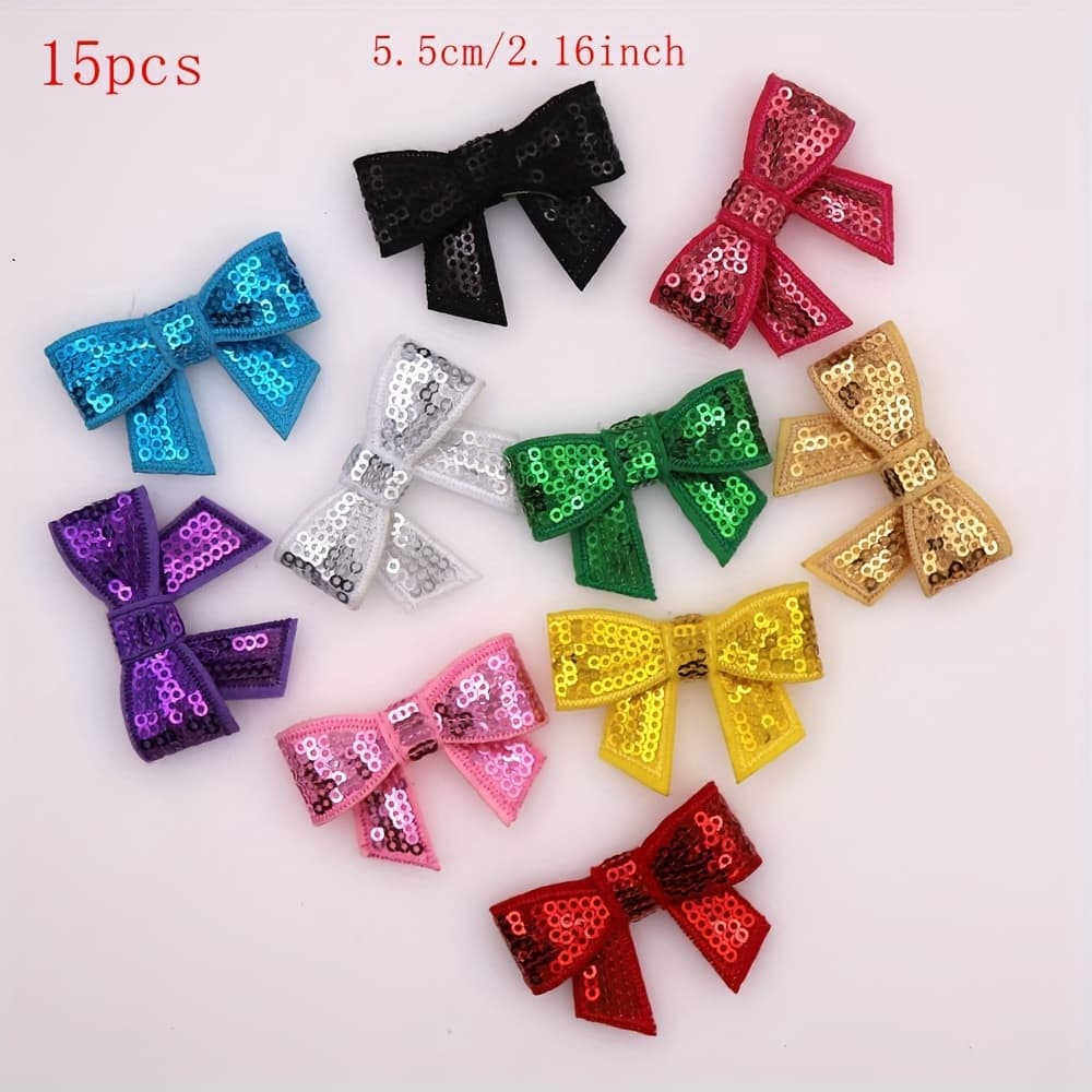 TEMU 15pcs Random Colors Sequin Embroidered Bow Tie/bow Hair Accessories, No Clips, For Clothing And Apparel