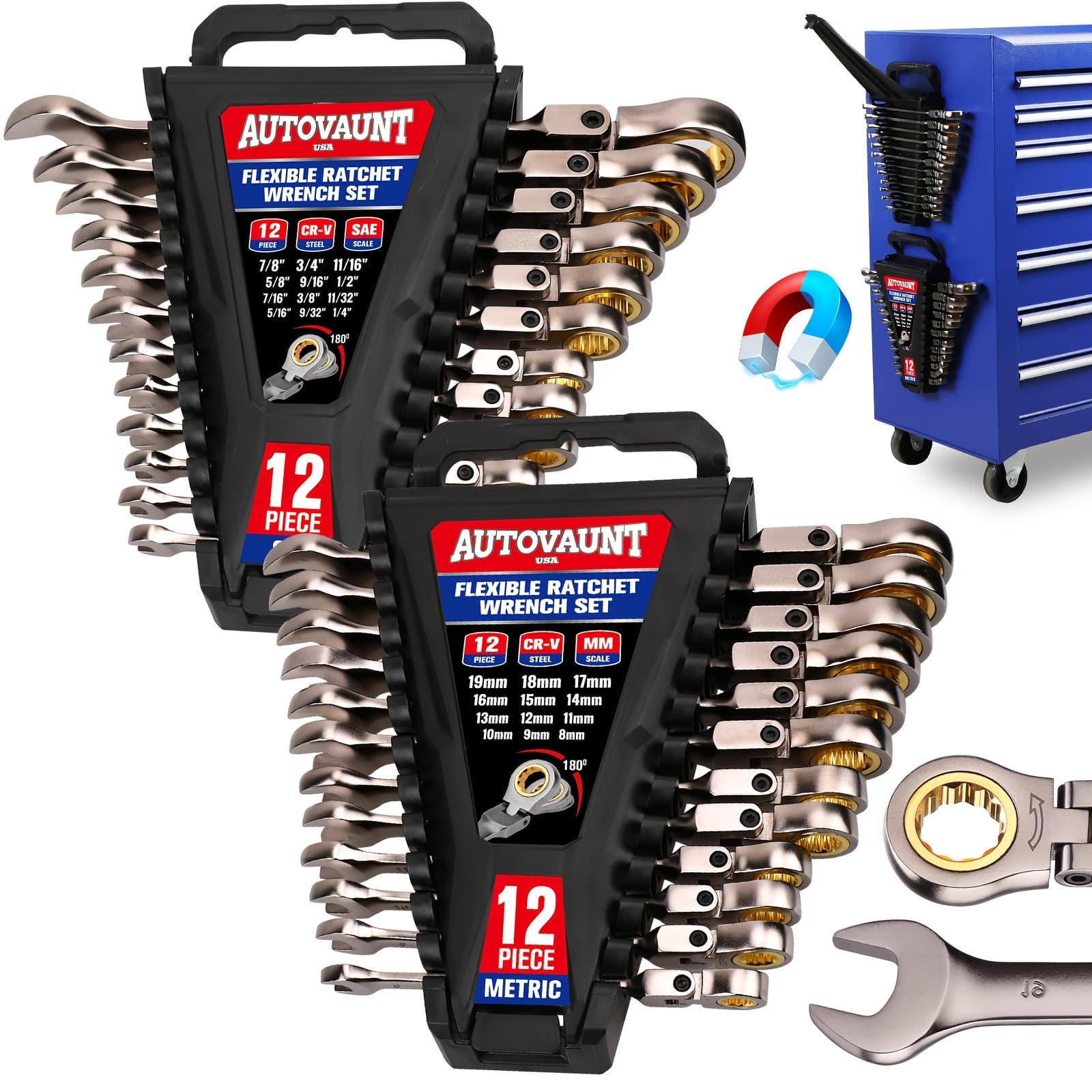 TEMU 12/24pcs Flex-head Ratcheting Wrench Set | Metric And Sae | Ratchet Combination Wrenches Set With Organizer | 72-teeth | Chrome Vanadium Steel | 8-19mm & 1/4” To 7/8“
