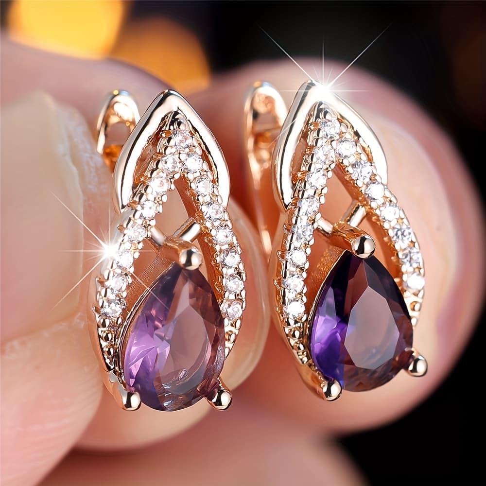 TEMU 1 Pair Sparkling Purple Water Drop Synthetic Zirconia Drop Earrings Women Golden Color Vintage Wedding Jewelry
