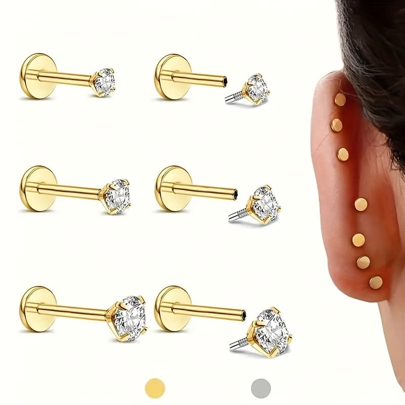 TEMU 2d Flat - 6pcs Flat Back Earring Studs - Internally Threaded 16g Piercing Cartilage Helix Tragus Jewelry Hypoallergenic Labret Lip Conch Nose 316l Stainless Steel Studs Women Men