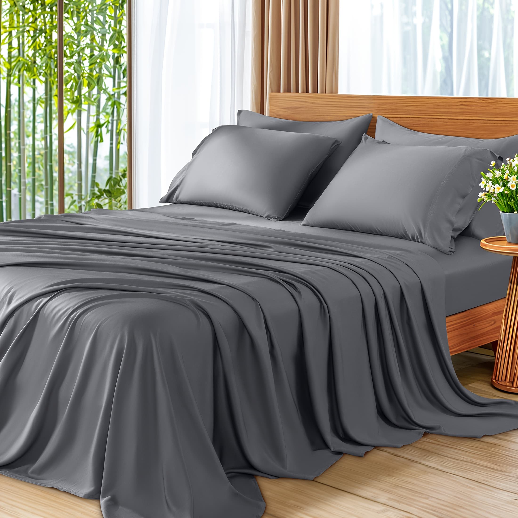 TEMU 6pcs Cooling Bamboo Bed Sheet Set, Deep Pocket 16" Bed Sheet, Luxury Sheet Set