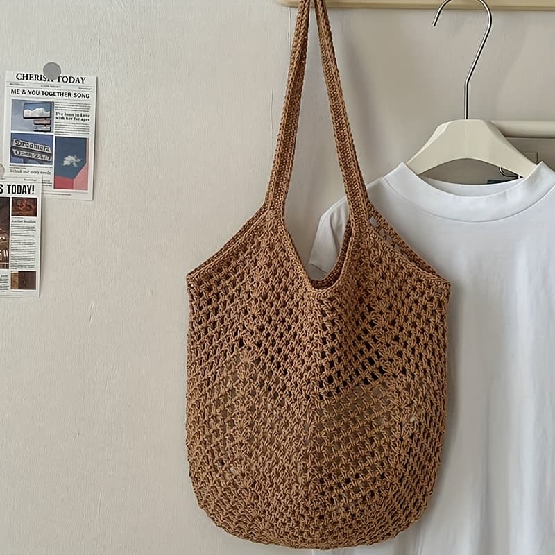 TEMU Women's Casual Large Capacity Woven Bag - Open- Tote With Adjustable Shoulder Strap, In Light Brown/white/yellow, Breathable Fabric Suitable For Vacations, Shopping, And Everyday Use, Beach Bag
