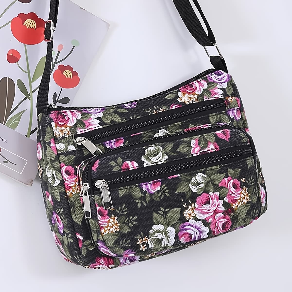 TEMU 1pc Large-capacity Floral Polyester Fiber Crossbody Bag | Suitable For Daily - Traveling - Work | Can Be As A Holiday Gift Or Family, Casual Bag, Single Shoulder Bag, Phone Bag