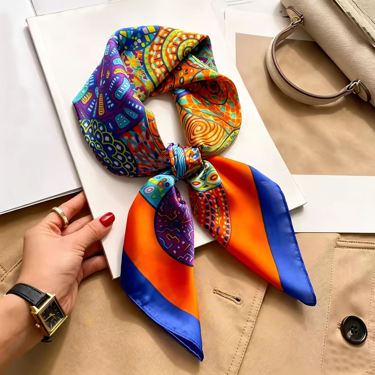 TEMU Bohemian Style Colorful Pattern Square Scarf, Multi-functional Use As Headscarf, Neck Scarf, Or Shawl, Satin Y Material, Ideal For Holiday Gifting, Daily , And Essential Fashion Accessory