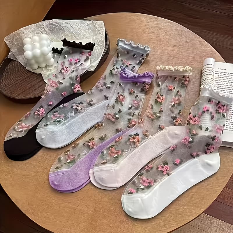 TEMU Summer 5 Pairs Of Thin Glass Mesh Breathable, Anti-odor, Breathable, Quick-drying Women's Mid-tube Socks