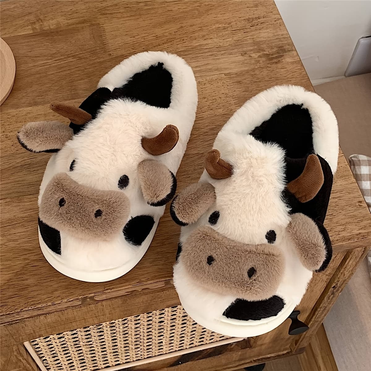 TEMU Women's Plush Cow Print Slippers - Soft Indoor House Shoes With Cow Ears & Moo Moo Design, Cozy Winter , Non-slip Rubber Sole