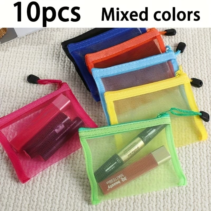 TEMU 5/10pcs Mini Zipper Mesh Bags, Portable Cosmetic Storage Bags, Stylish Travel Organizers, Convenient Student Stationery Pouches, Colorful Transparent Mesh Zipper Bags