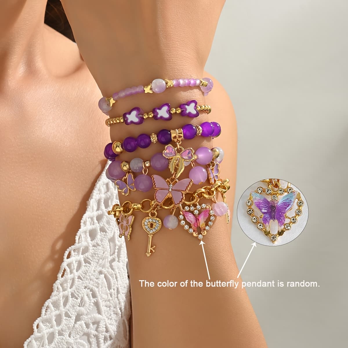 TEMU 1 Set 5pcs Bohemian Vintage Glass Bead Bracelet Bow Hand Chain Niche . The Color Of The Pendant Is Random