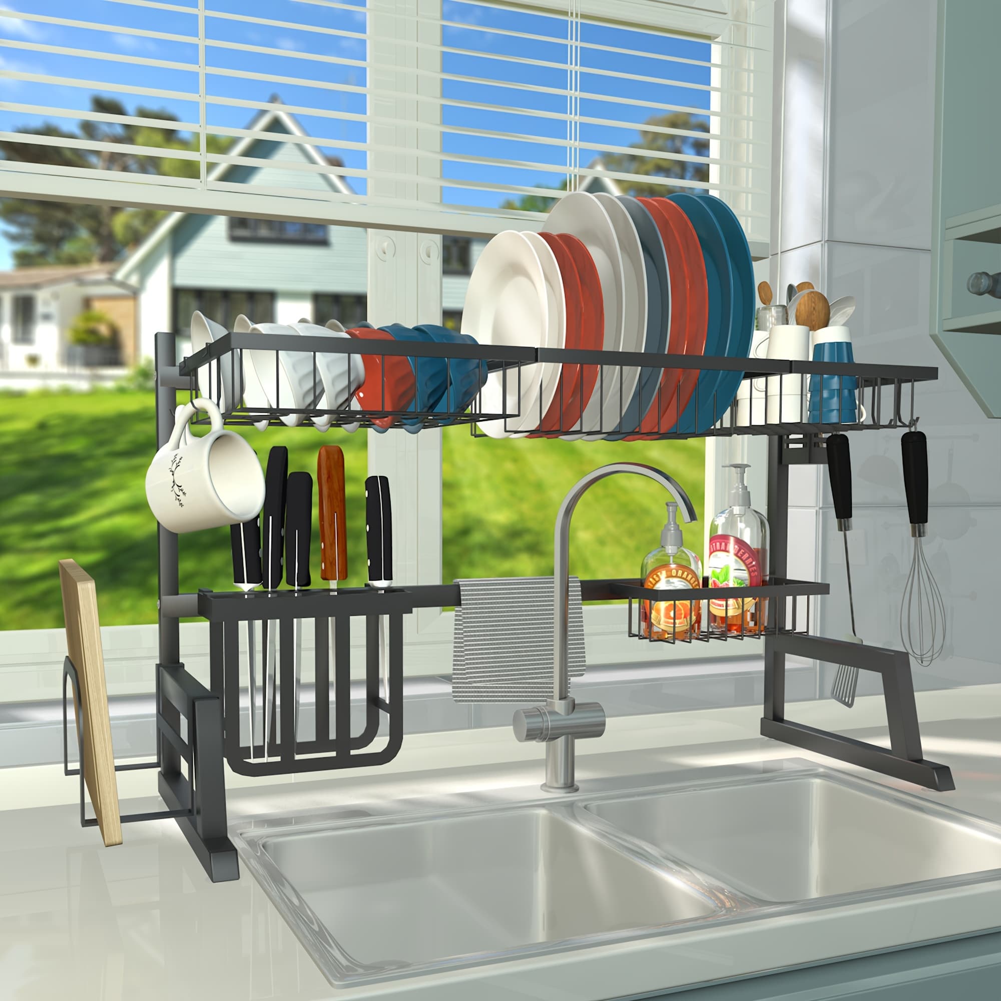 TEMU 33.5" Stainless Steel 2 Tier Over Sink Dish Drying Rack Countertop Space Saver Dish Drainer Organizer Large Capacity