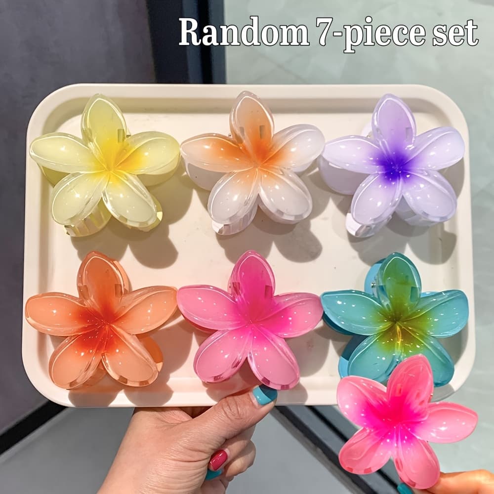 TEMU 7pcs Set Of Random Large Flower Hair Clips, Gradient Color Frangipani Claw Clips, Casual - Suitable For Women' Wear And Festive Beach Headpieces