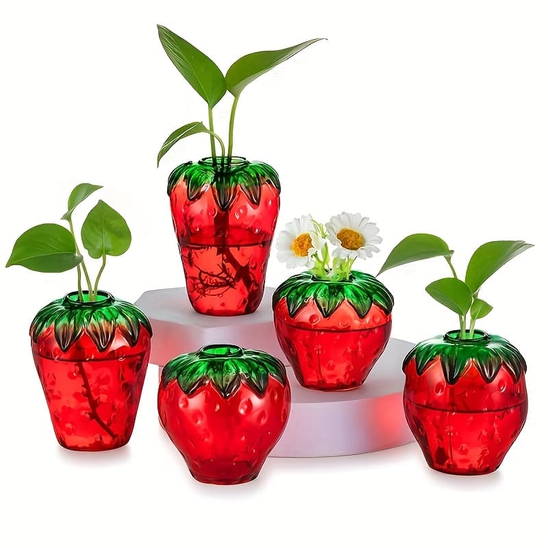 TEMU 5pcs Glass Strawberry Propagation Vases For Plants: Cute Strawberry Decor For Home Kitchen Bathroom Office - Unique Indoor Hydroponic Planters Gifts For Christmas Decorations