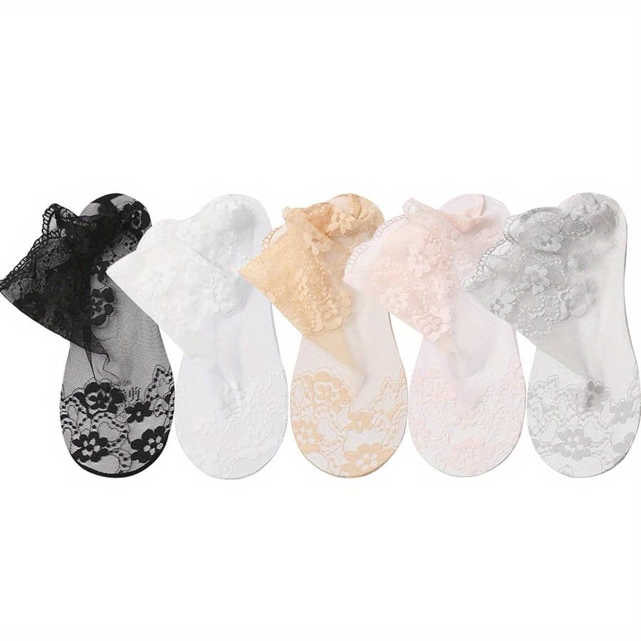 TEMU 5 Pairs Lace Socks Women Summer Thin Short Socks Floral Sheers Sexy Tulle Transparent Socks Ladies White Black