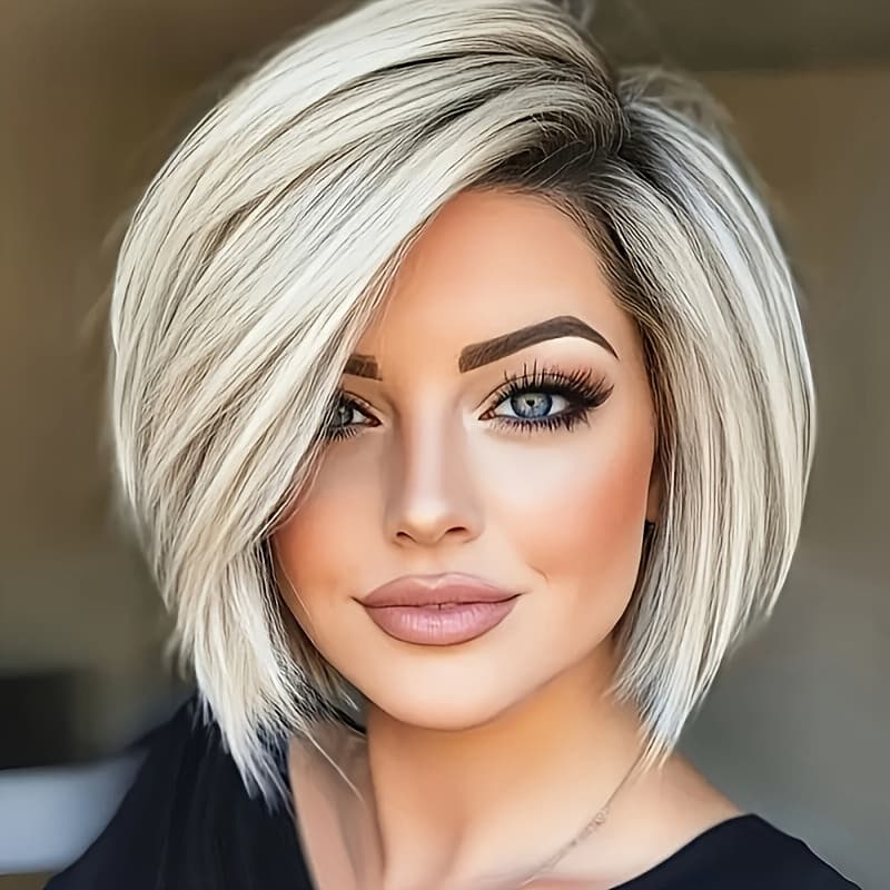 TEMU Short Color Gradient Silvery Bob Wig, Straight Fiber Synthetic Hair, Layered Cut Style, 10-inch Soft Synthetic Wig For Women' Wear And Cosplay