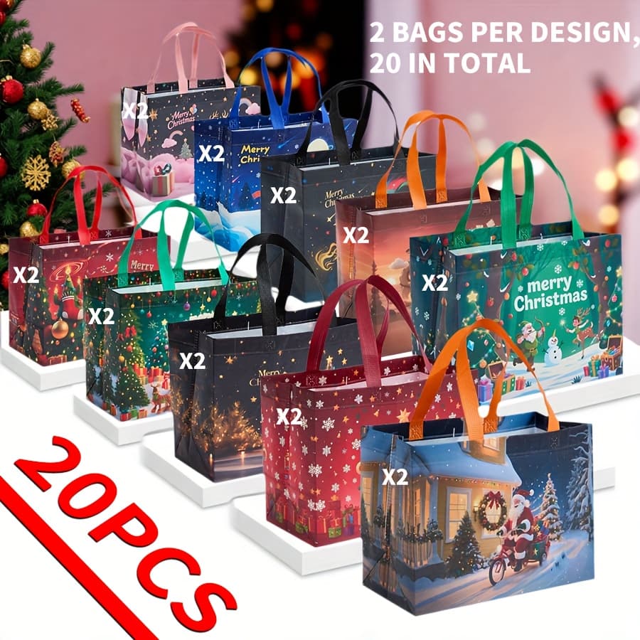 TEMU 20-pack Holiday Gift Bags For Christmas - 20 (santa, Reindeer Etc.) On Non-woven , All Season, Grocery Shopping Bag, Picnic Bag, Reusable Shopping Bag