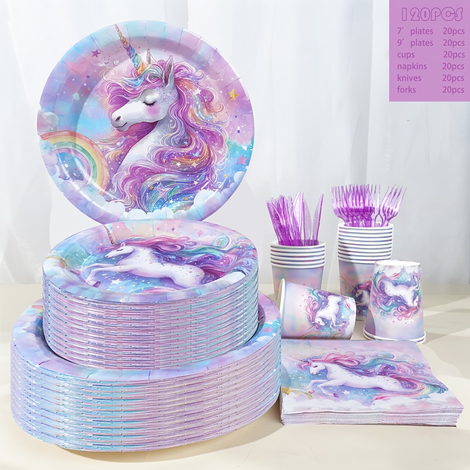 TEMU 120pcs Unicorn Theme Party Supplies, Vibrant Rainbow Mane & Starry Disposable Paper Plates, Napkins, Cups, Forks, Knives, Whimsical Aesthetics For Fantasy Celebration, Gathering, Serves 20 Guests