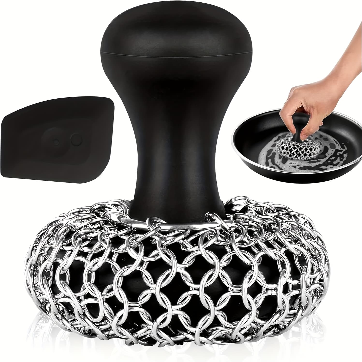 TEMU Cast Iron Cleaning Kit-includes Steel Chainmail Scrubber, Cleaning Brush, Pan And Grill Scrapers- For , Wok, Grill, Pre- Cookware