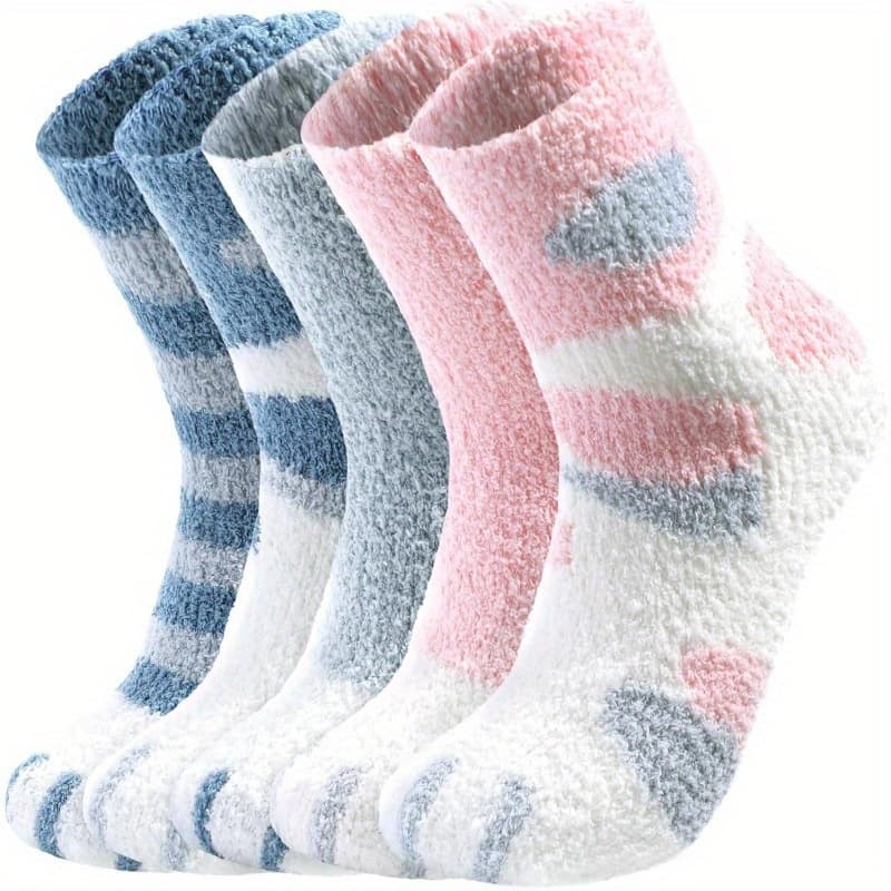 TEMU 5 Pairs Women's Winter Thick Warm Soft Fluffy Cartoon Cat Claw Mid-tube Socks Floor Home, Outdoor Sports(random Color)