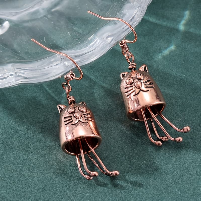 TEMU 1 Pair Of Vintage Copper Carved Cat Earrings, Bohemian Style Travel Party, For Daily Wear