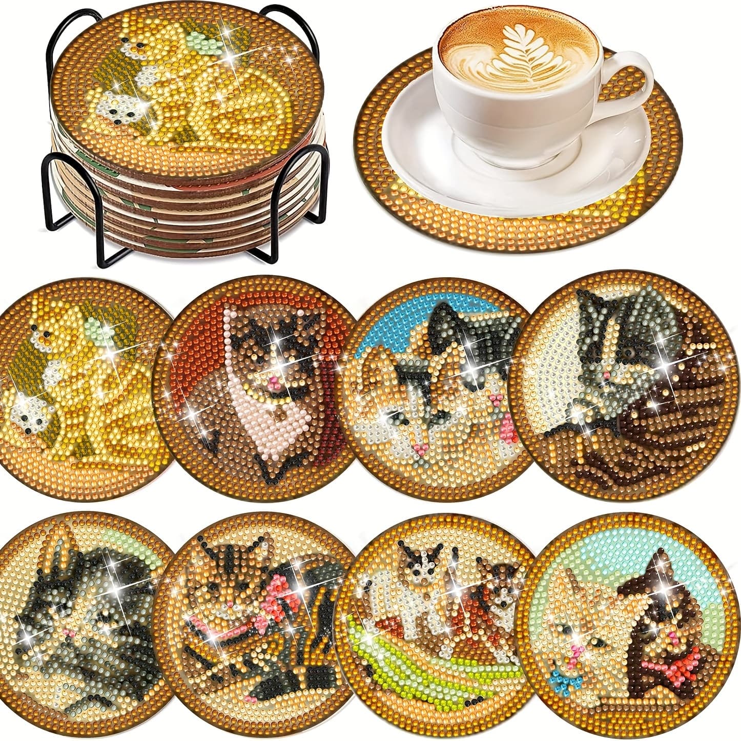 TEMU 8 Pieces Of Vintage Cat Style Diamond Painting Coaster With Stand, Diy Coaster Set, Suitable For Beginner Art And Craft Supplies
