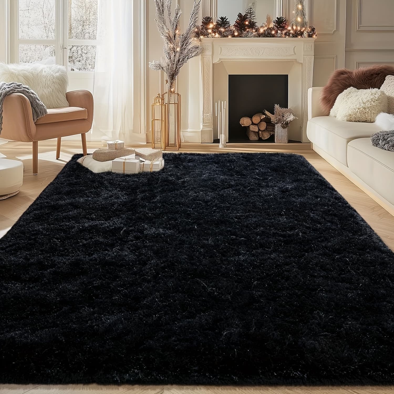 TEMU Black Fluffy Shag Furry Rug For Living Room Bedroom Playroom Rug Ultra Soft Plush Shaggy Bedside Decor Carpet Non-slip Non-shedding Indoor Floor Rug