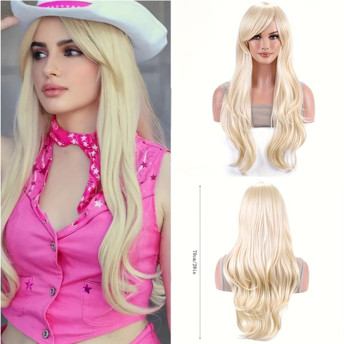 TEMU Light Blonde Wig With Diagonal Bangs Medium Long Wavy Wig For Women Heat-resistant Fiber Synthetic Wig For Daily Cosplay