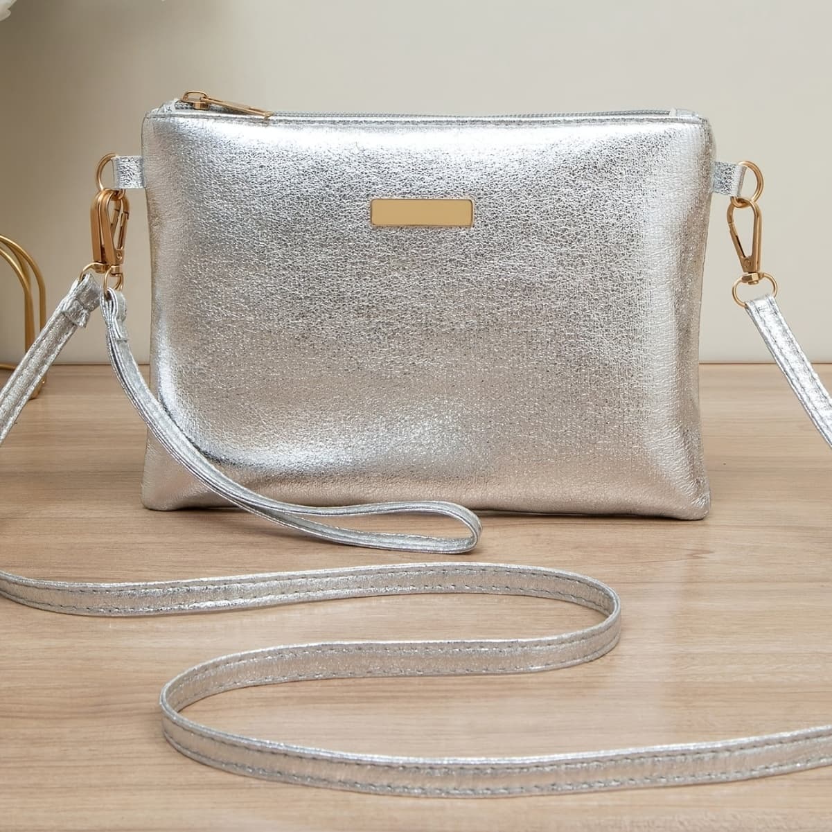 TEMU A Stylish And Minimalist Golden Sequined Crossbody Bag, Perfect As A High-end Solid Color Makeup Pouch