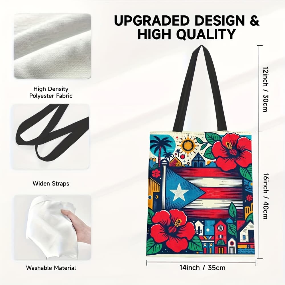 TEMU 1pc, Lightweight And Foldable, Puerto Flag And Floral Print Large Capacity Tote Bag, Reusable Grocery Bags For Shopping, Travel, And Everyday Use, Offering Space And