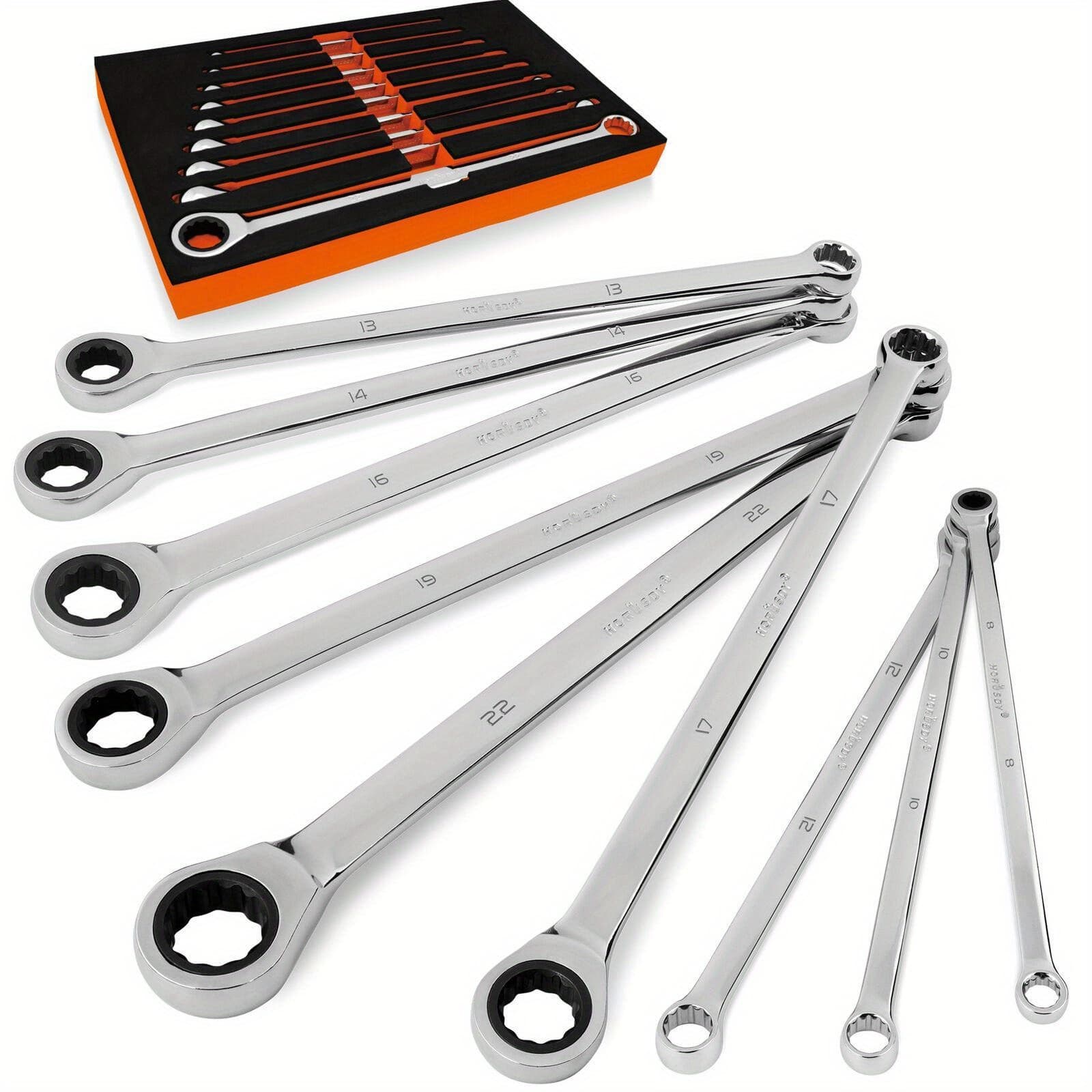 TEMU Extra Long Ratcheting Wrench Set, 8-22mm End, 9pcs Metric Cr-, With Eva Foam Tool Organizer