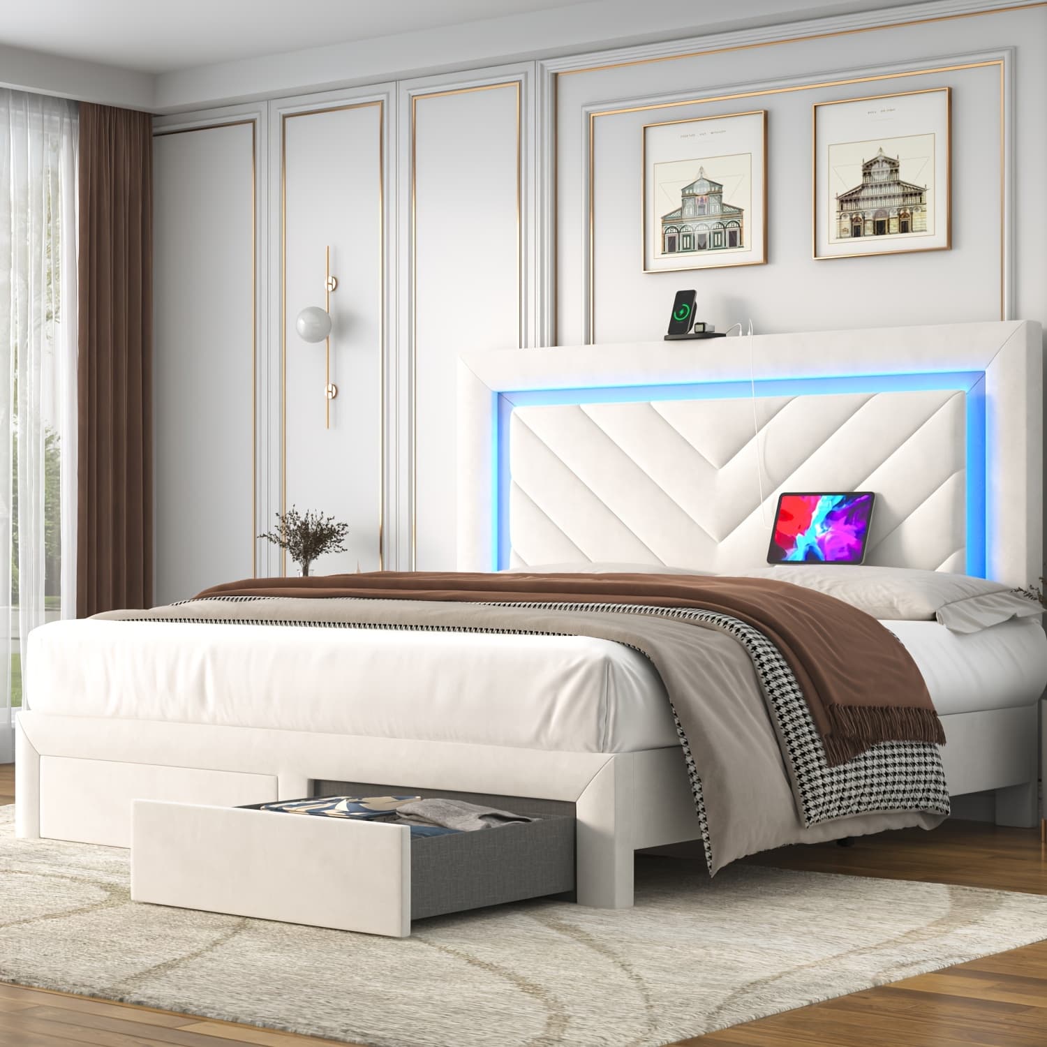 TEMU Platform Bed Frame With Led Adjustable Headboard, Upholstered Bed Frame With Storage Drawers And Charging Station, Twin, Full, Queen, Spring Needed,