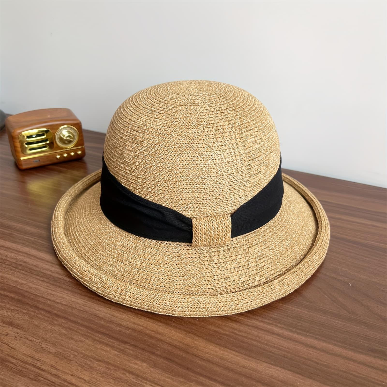 TEMU French Bow Retro Rolled Brim Straw Hat, Adjustable Women's Sun Hat For Beach Vacation Travel