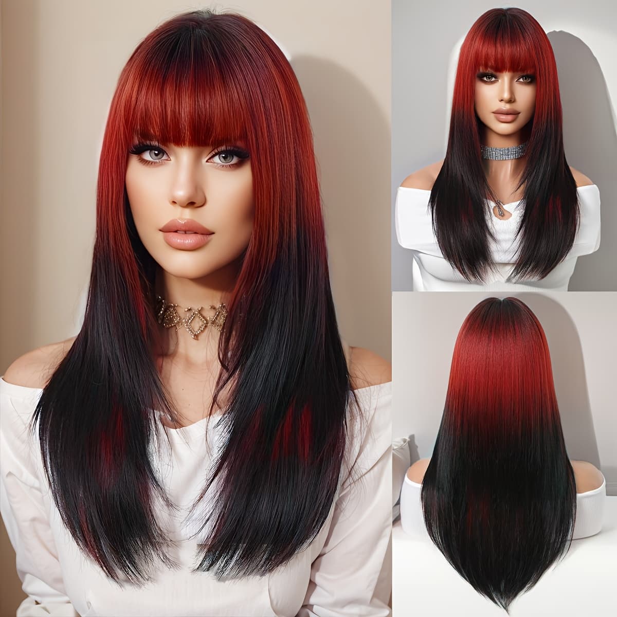 TEMU Luxurious Women's Cosplay Wig With Bangs - Ombre Black To Red, Layered Curly Design, High-quality Synthetic Fiber, Comfortable , Versatile Styling Options, Wig Accessories