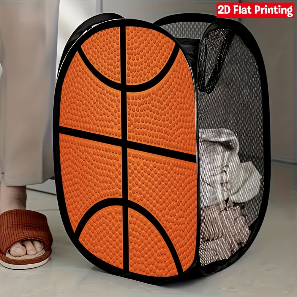 TEMU 1pc Orange Basketball Pattern Mesh Pop-up Laundry Hamper Easy Foldable Storage For Bedroom Closet Bathroom Organization And Travel Use