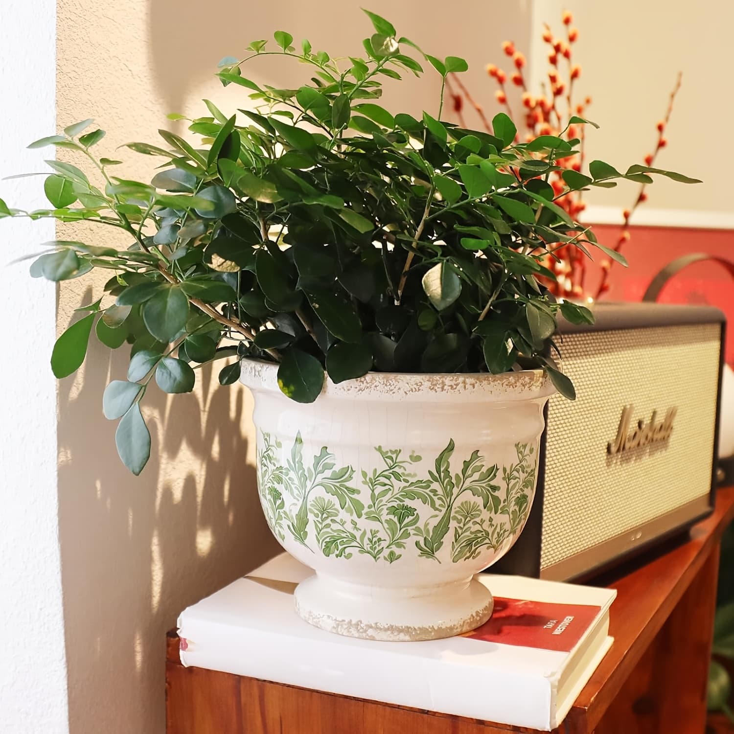 TEMU Vintage Ceramic Planter Pot With Drainage, 6.8 Inch Large Crackle Glaze Flower Pot With Green Floral Leaf Pattern For Succulents, Flowers, Farmhouse Planters